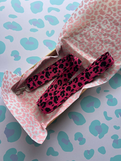 Sew Much Love raspberry pink leopard print fabric lanyard with D-ring and swivel clasp.