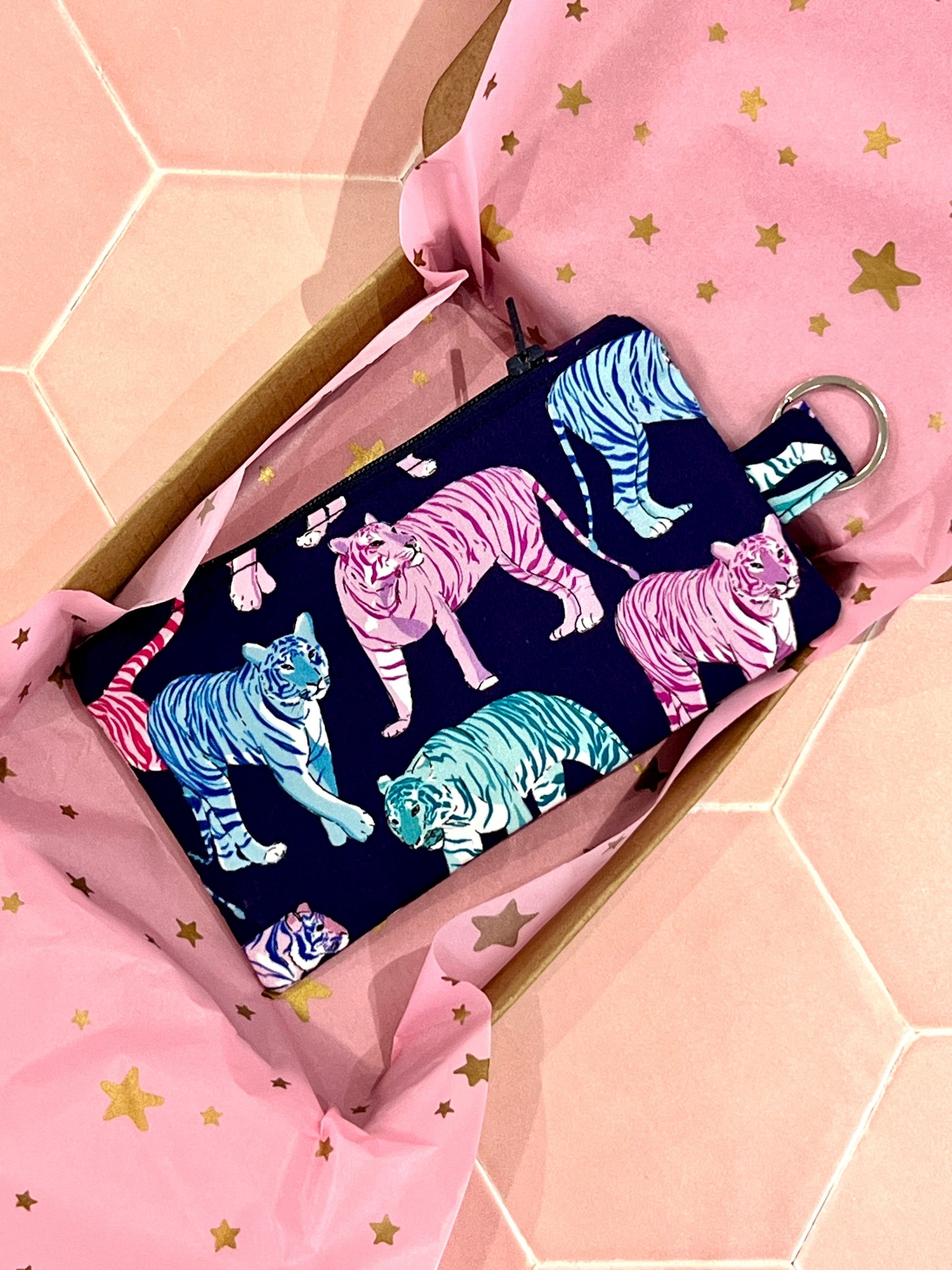 Sew Much Love Blazing Bengals coin purse with neon blue, pink, and teal tigers on a dark background, featuring a keyring attachment.