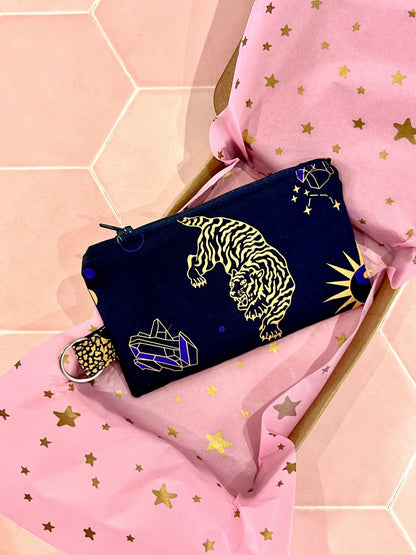 Sew Much Love Celestial Cats coin purse with golden tigers, constellations, and crystals on navy fabric.