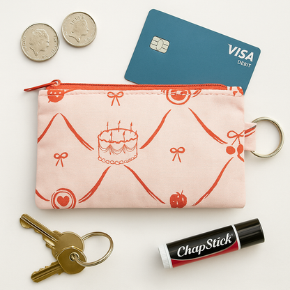 Sew Much Love Cake and Bow Coin Purse with keys, money and chapstick