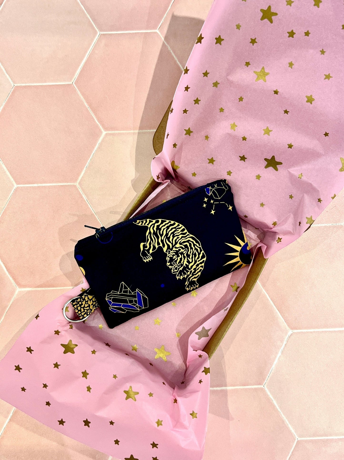 Sew Much Love Celestial Cats coin purse with golden tigers, constellations, and crystals on a dark blue background.