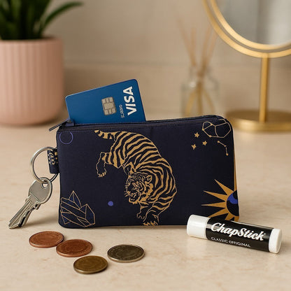 Sew Much Love Celestial Cats coin purse with golden tigers, constellations, and crystals on a navy background. Includes keyring.