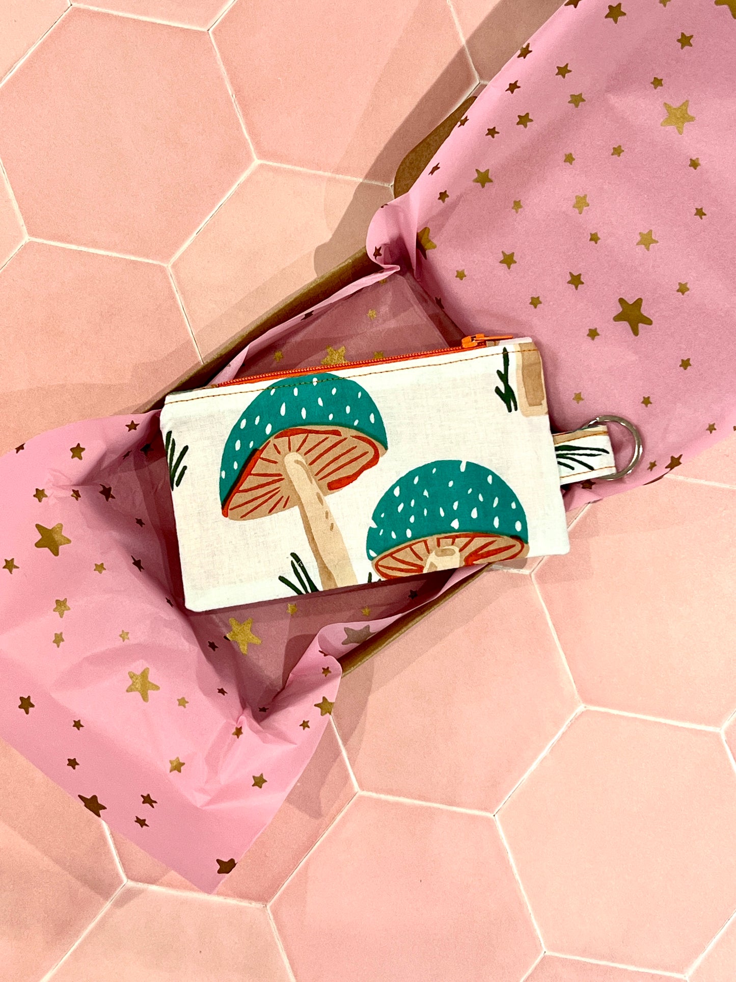 Sew Much Love Light Teal Mushroom Block Print Coin Purse