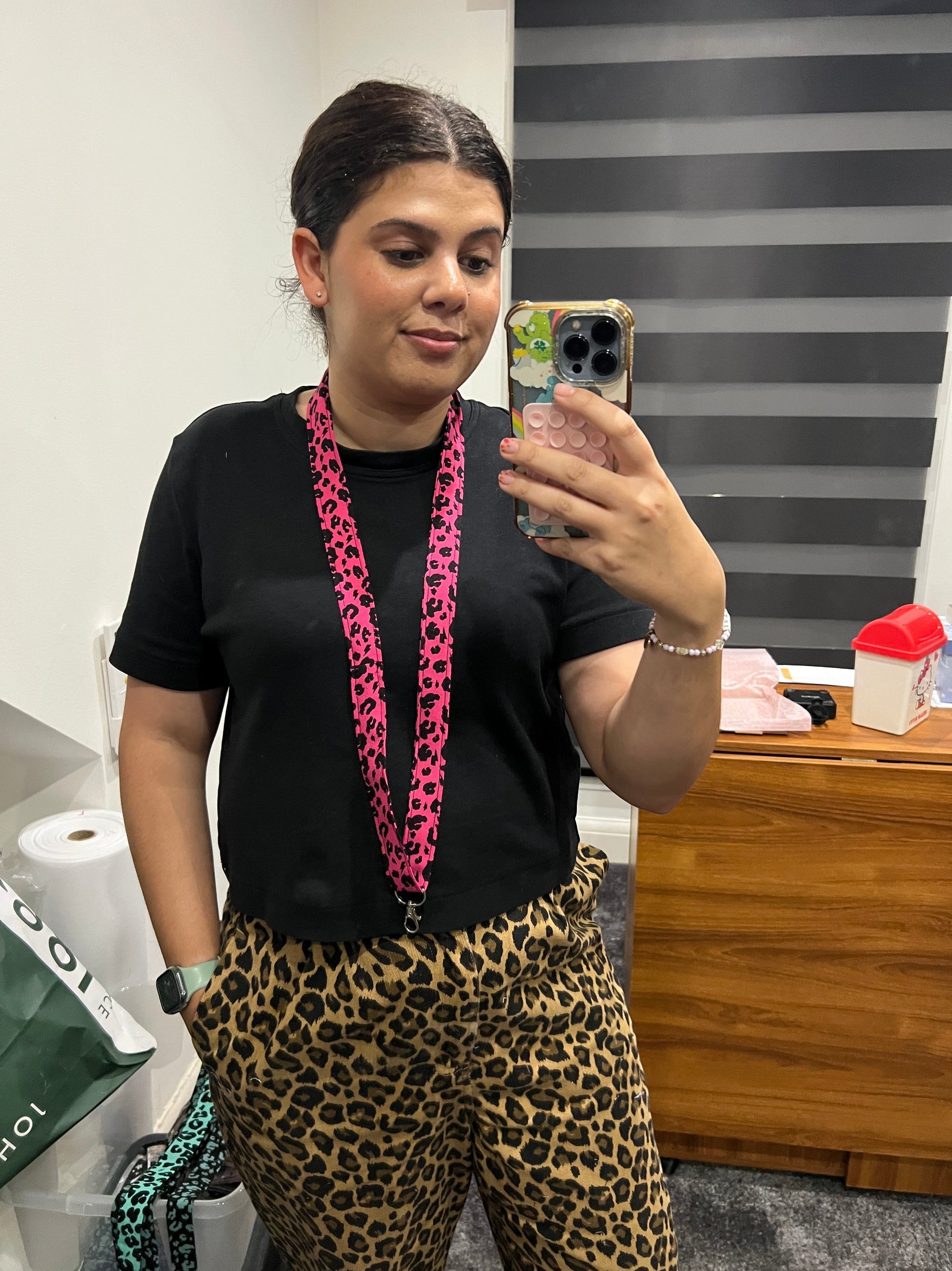 Sew Much Love raspberry pink leopard print fabric lanyard with D-ring and swivel clasp.