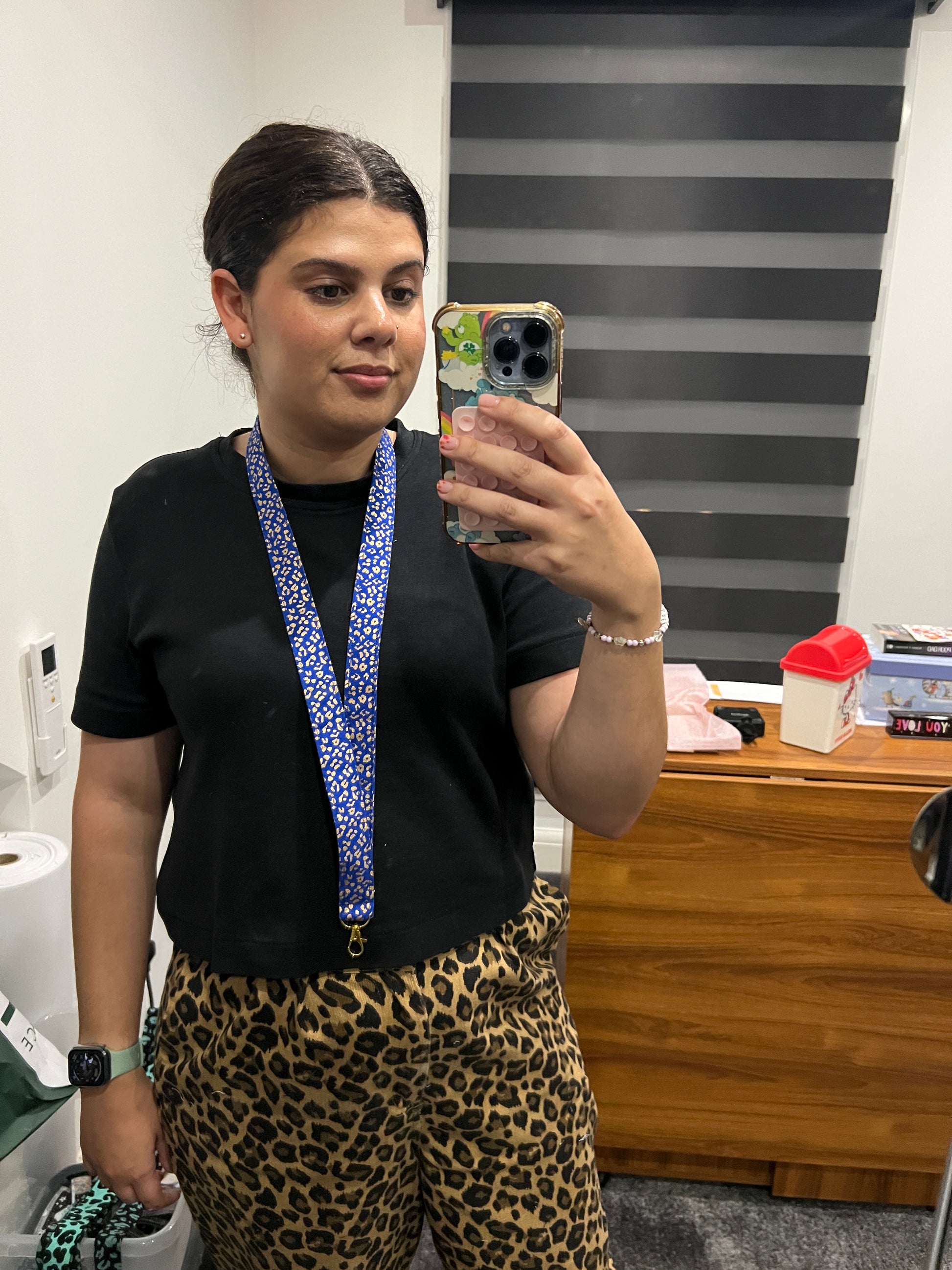 Sew Much Love owner wearing Blue and Gold Leopard Print Lanyard