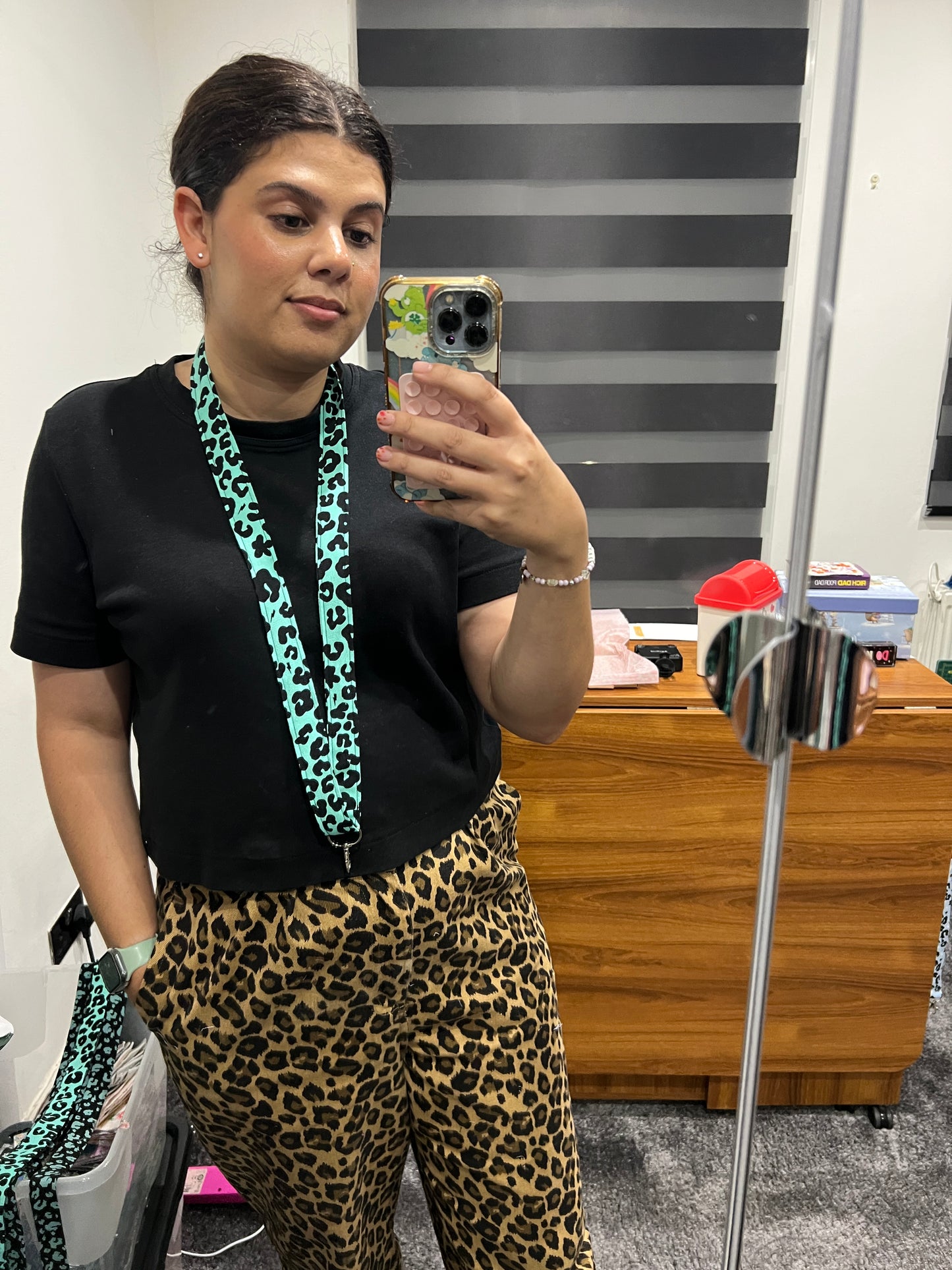 Sew Much Love owner wearing Green Floral Leopard Print Lanyard