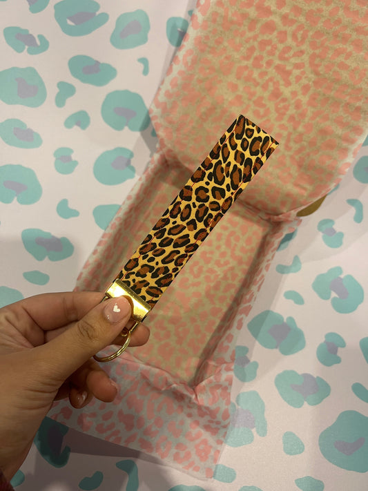 Sew Much Love classic leopard print cotton wristlet keychain with gold hardware and a keyring.