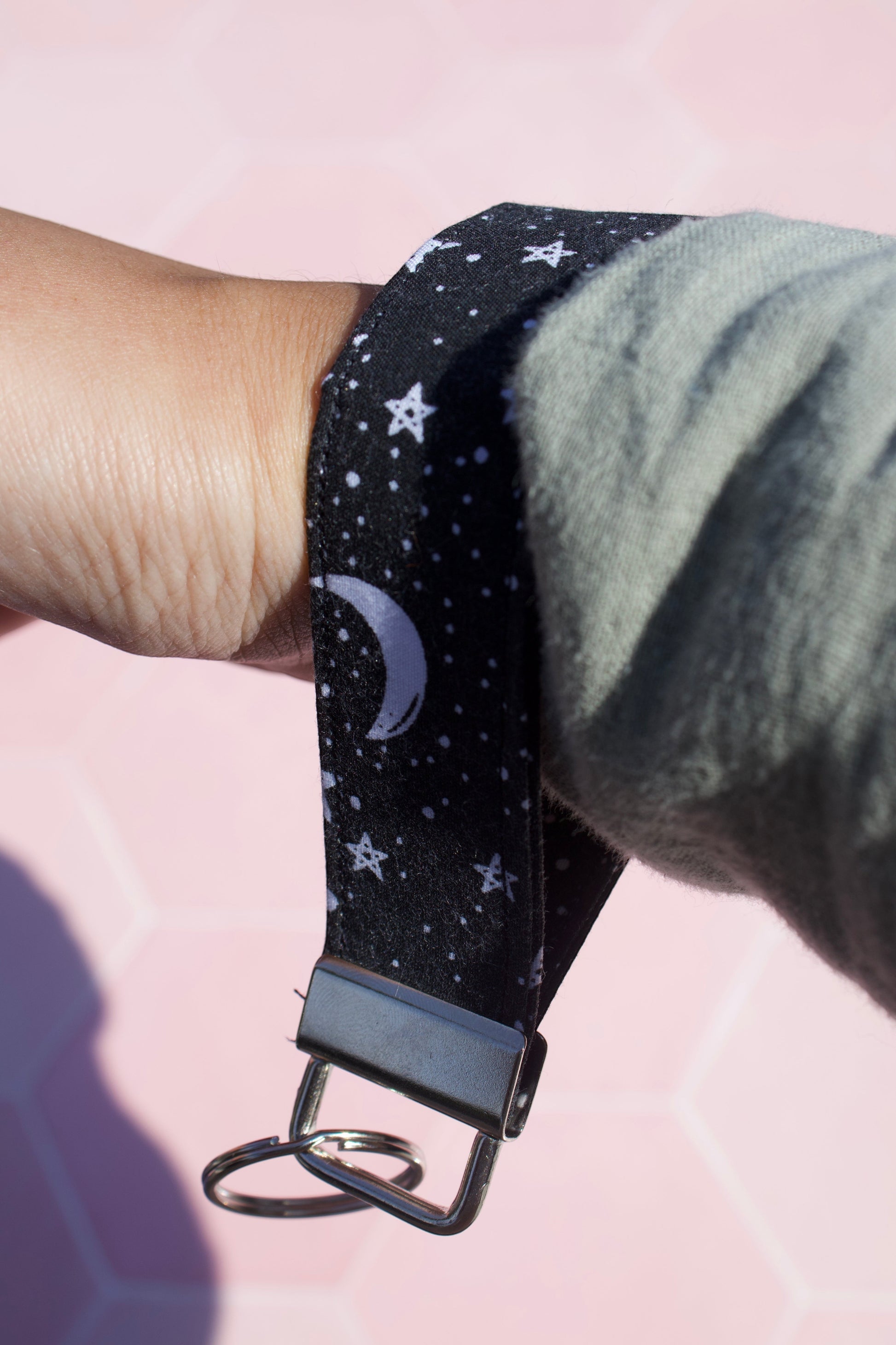 Sew Much Love black cotton wristlet keychain with white stars and moon print, featuring a metal clasp and keyring.