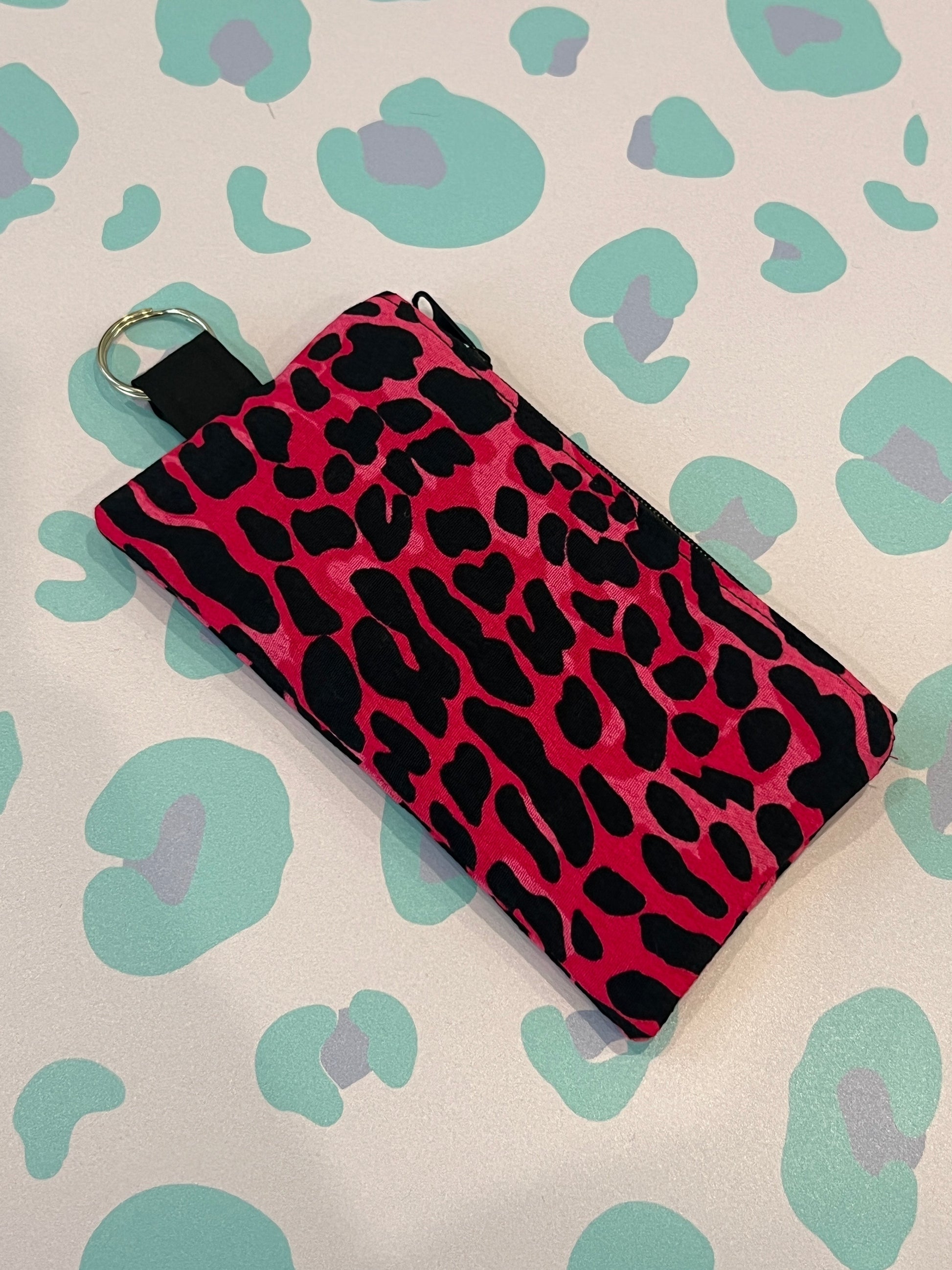 Sew Much Love handmade pink and black leopard print coin purse with keyring attachment.