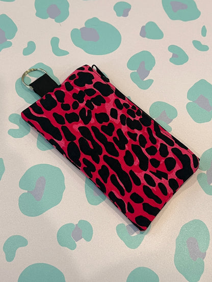 Sew Much Love handmade pink and black leopard print coin purse with keyring attachment.