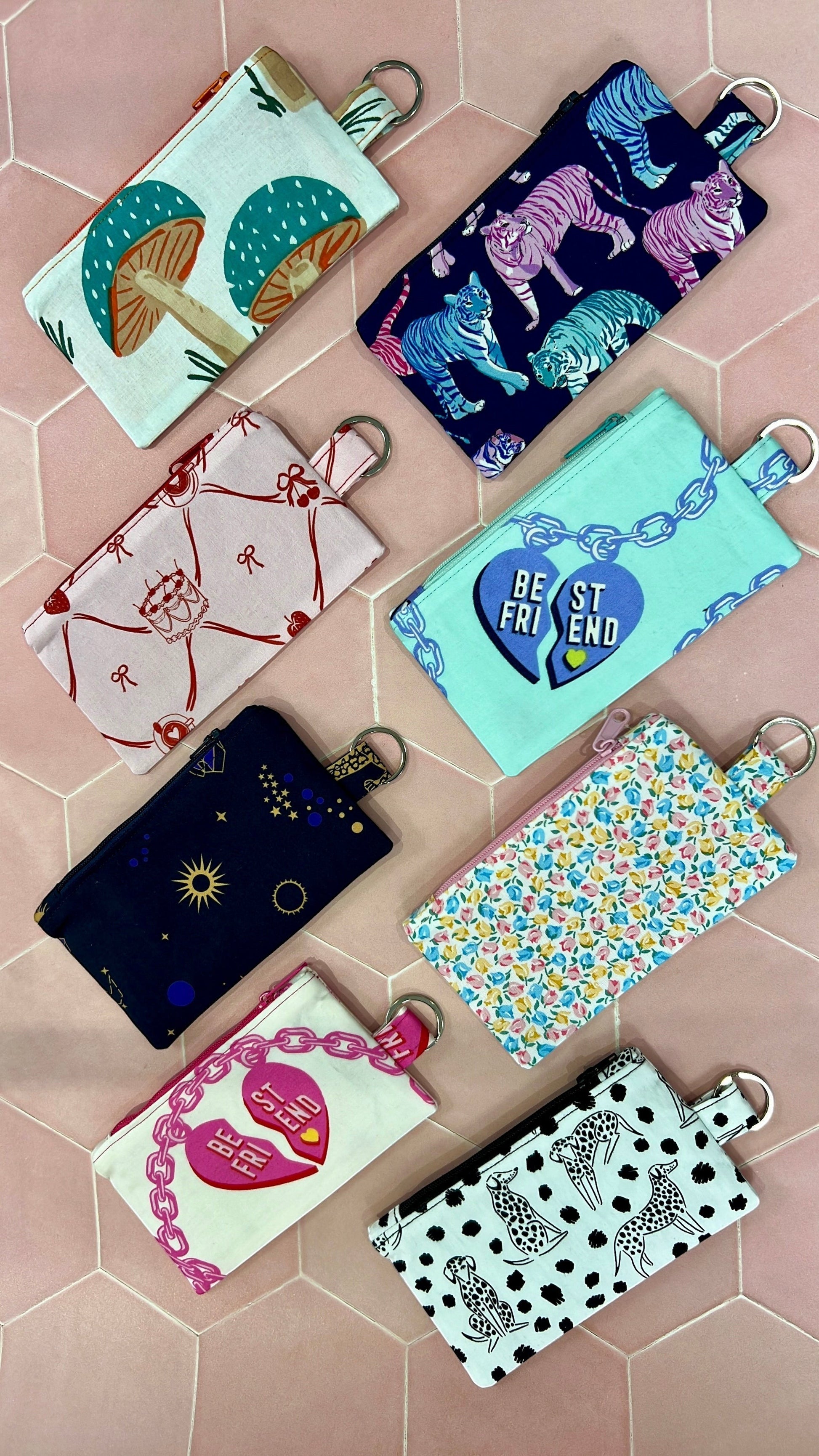 Sew Much Love coin purse with a tiny tulip print in pastel shades, featuring a keyring attachment.
