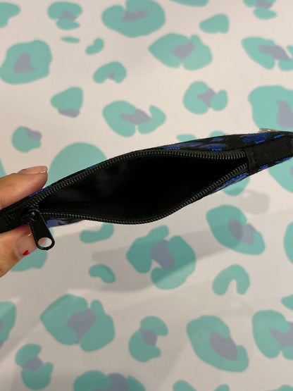 Sew Much Love blue leopard print coin purse with black zipper and keyring attachment.