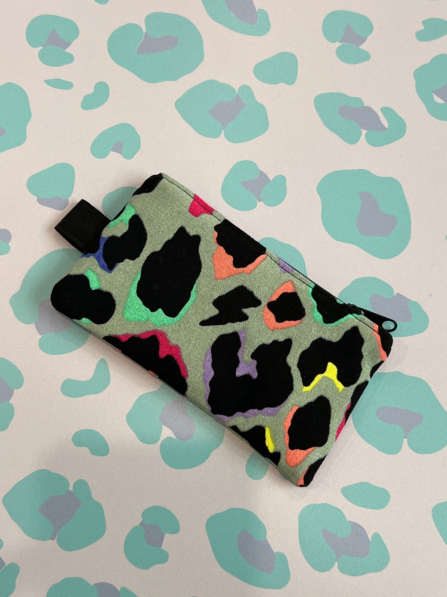 Sew Much Love khaki rainbow leopard print coin purse with black zip and keyring attachment.
