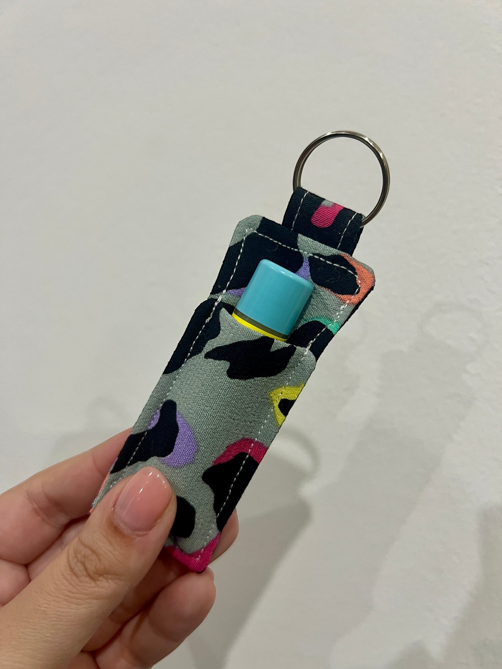 Sew Much Love khaki rainbow leopard print lip balm holder with keyring, fits standard lip balm.