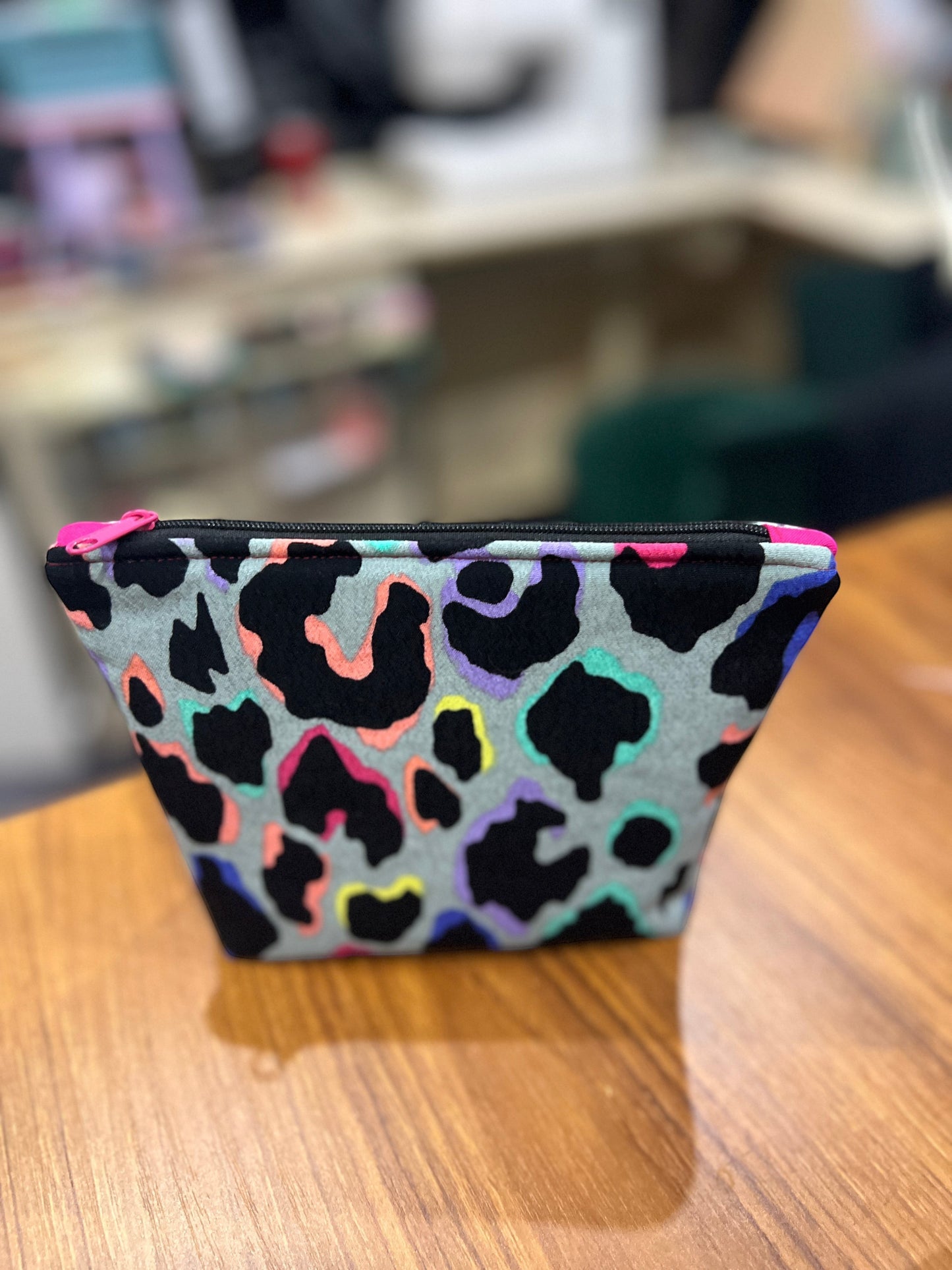 Sew Much Love mini cosmetic bag with khaki, black, rainbow leopard print and pink zip. Eco viscose fabric.