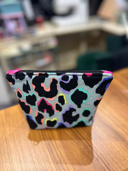Sew Much Love mini cosmetic bag with khaki, black, rainbow leopard print and pink zip. Eco viscose fabric.