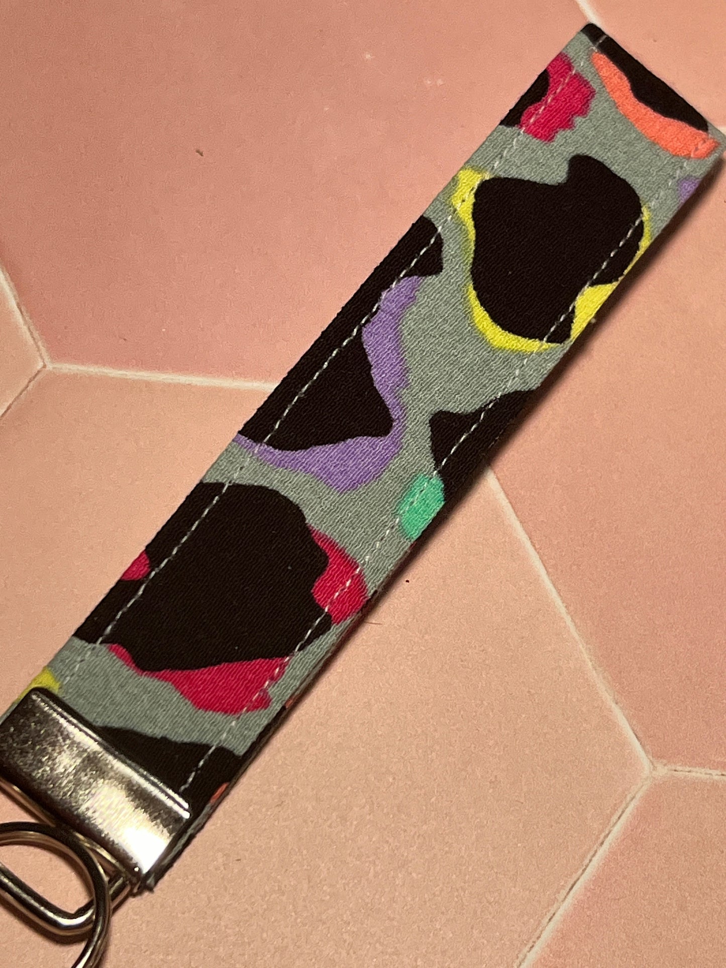 Sew Much Love khaki rainbow leopard print cotton wristlet keychain with metal hardware.