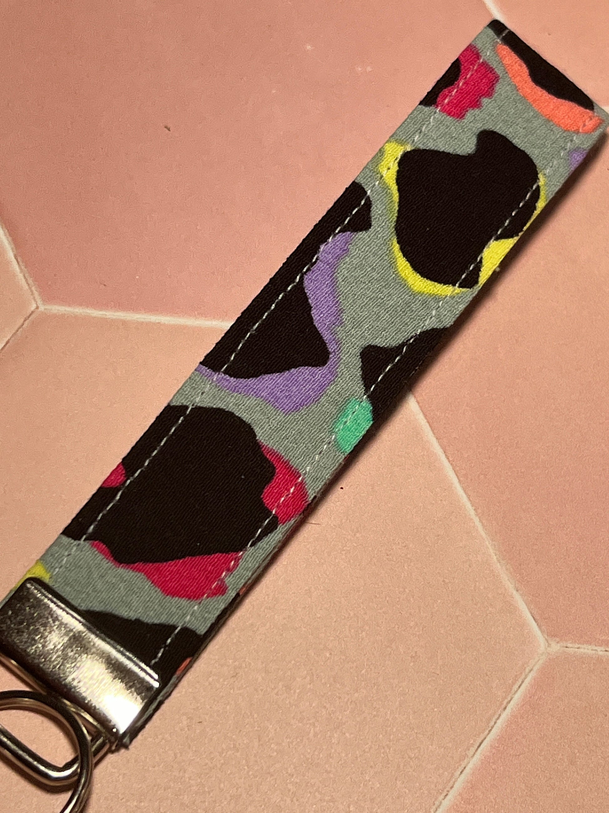 Sew Much Love khaki rainbow leopard print cotton wristlet keychain with metal hardware.