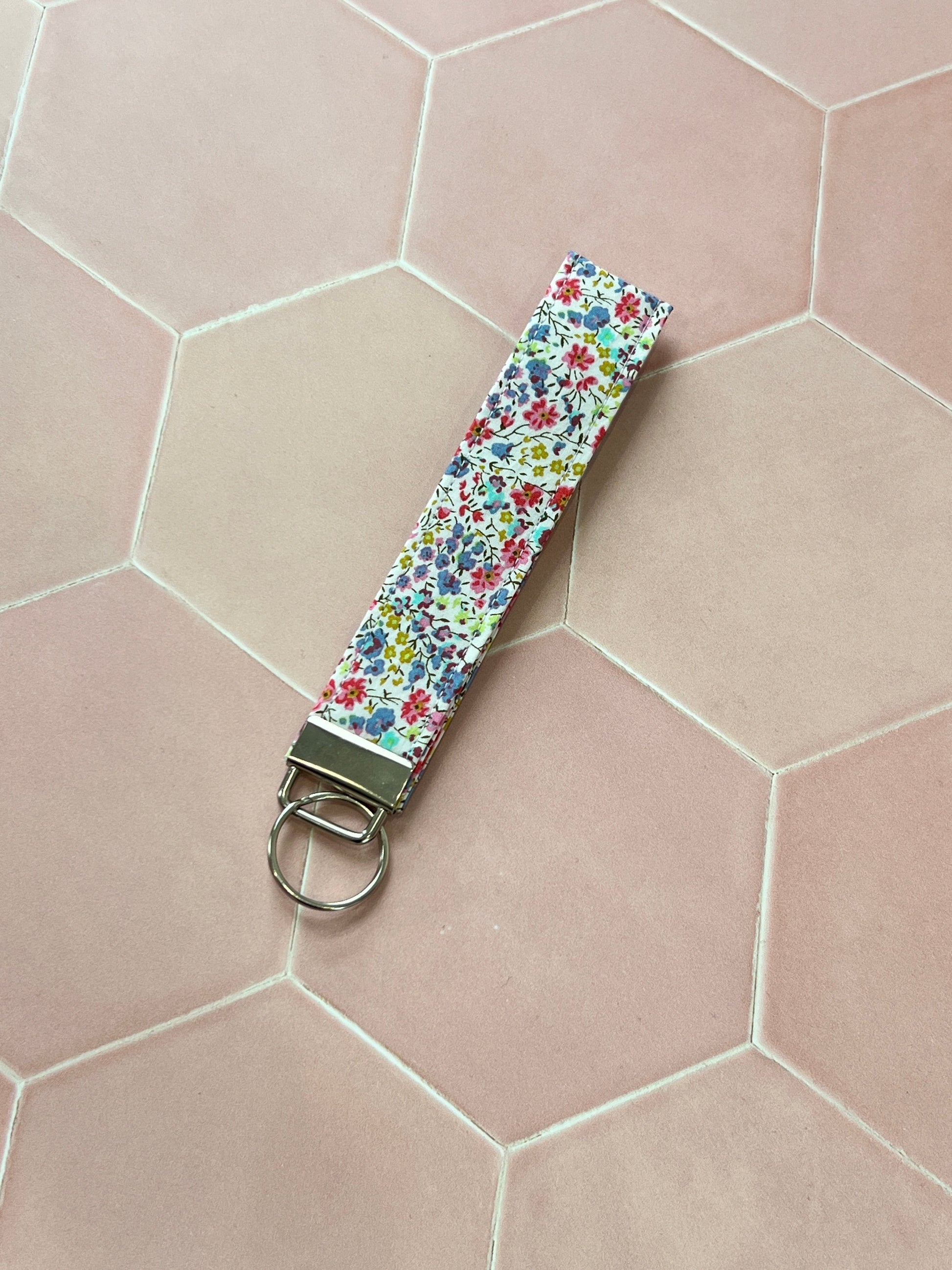 Sew Much Love Liberty Mini Flowers cotton wristlet keychain with colourful floral print and silver hardware.