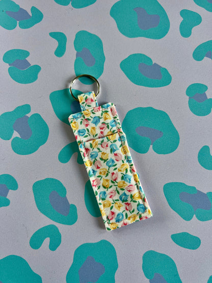 Sew Much Love Liberty Tiny Tulips floral print cotton lip balm holder with keyring.