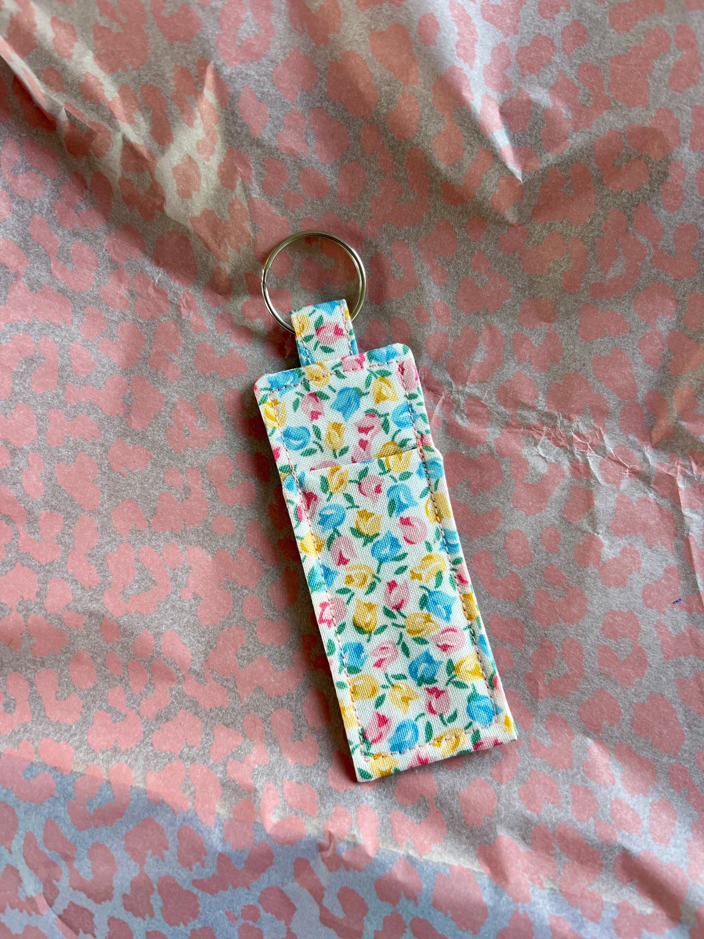 Sew Much Love Liberty Tiny Tulips floral print cotton lip balm holder with keyring.