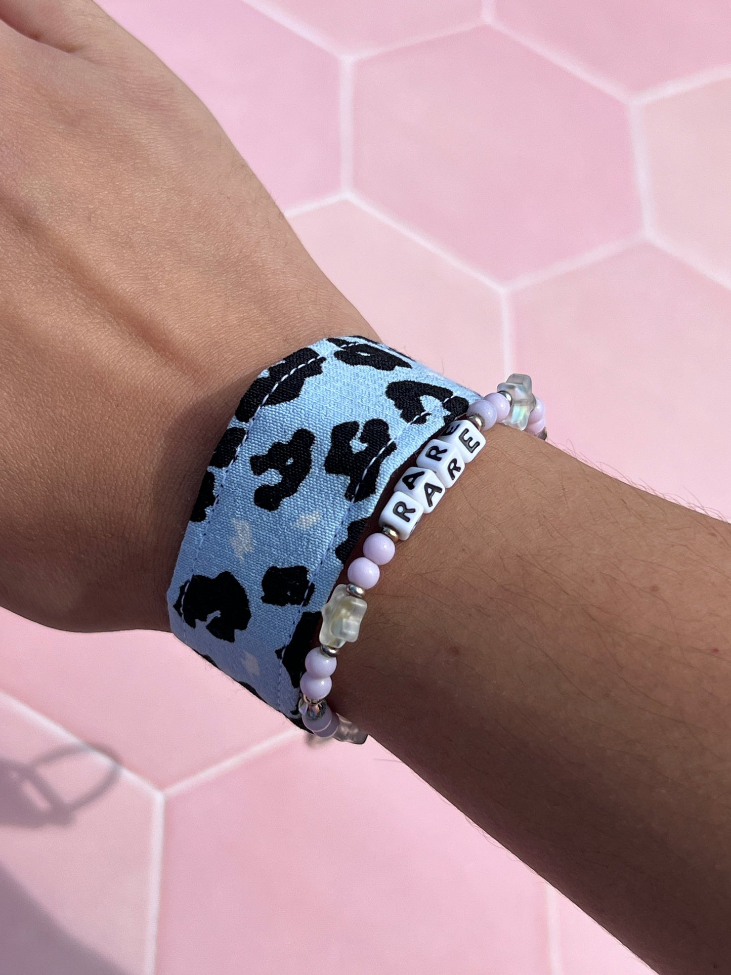 Sew Much Love light blue leopard print wristlet keychain made of cotton.