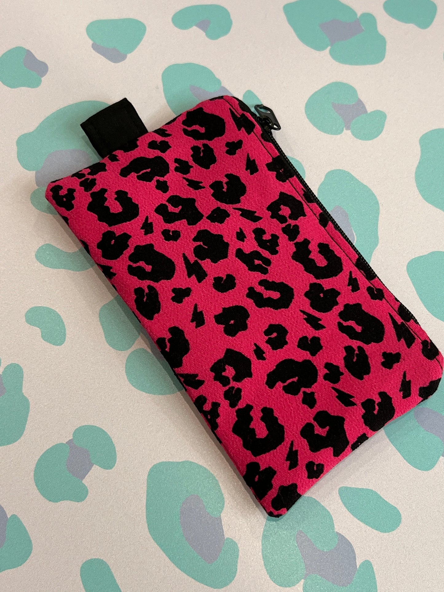 Sew Much Love pink leopard print coin purse with black zip and keyring attachment.