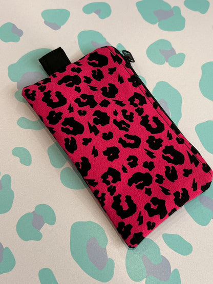 Sew Much Love pink leopard print coin purse with black zip and keyring attachment.
