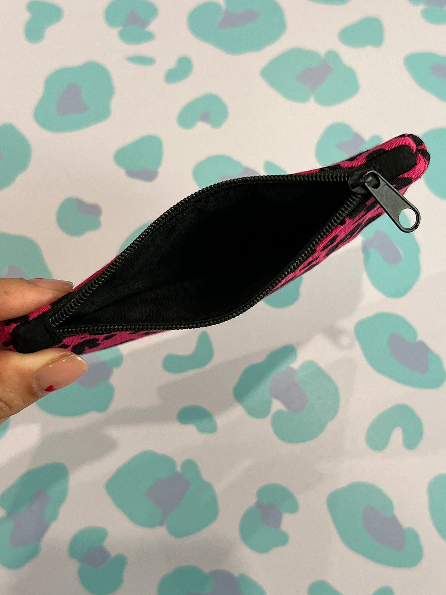 Sew Much Love Raspberry Pink Leopard print coin purse with black zipper and lining. Handmade accessory.