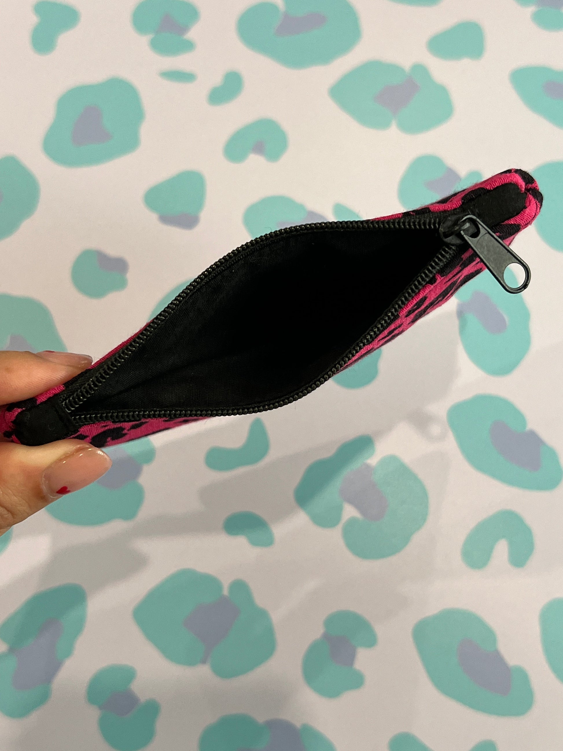 Sew Much Love Raspberry Pink Leopard print coin purse with black zipper and lining. Handmade accessory.
