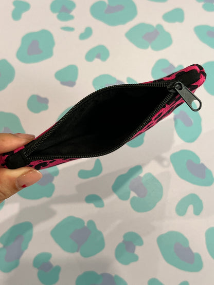 Sew Much Love Raspberry Pink Leopard print coin purse with black zipper and lining. Handmade accessory.