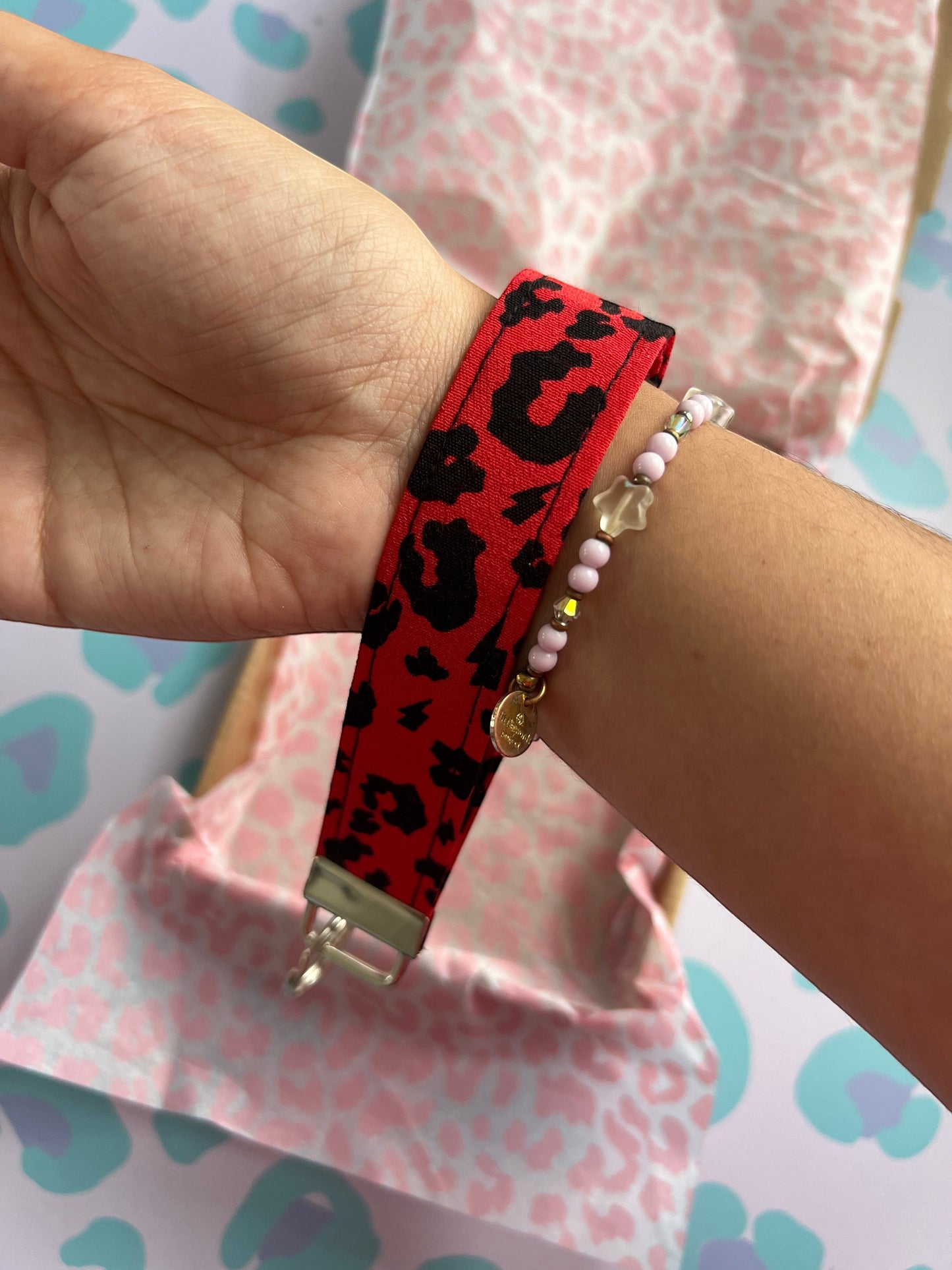 Sew Much Love red leopard print fabric wristlet keychain with silver clasp