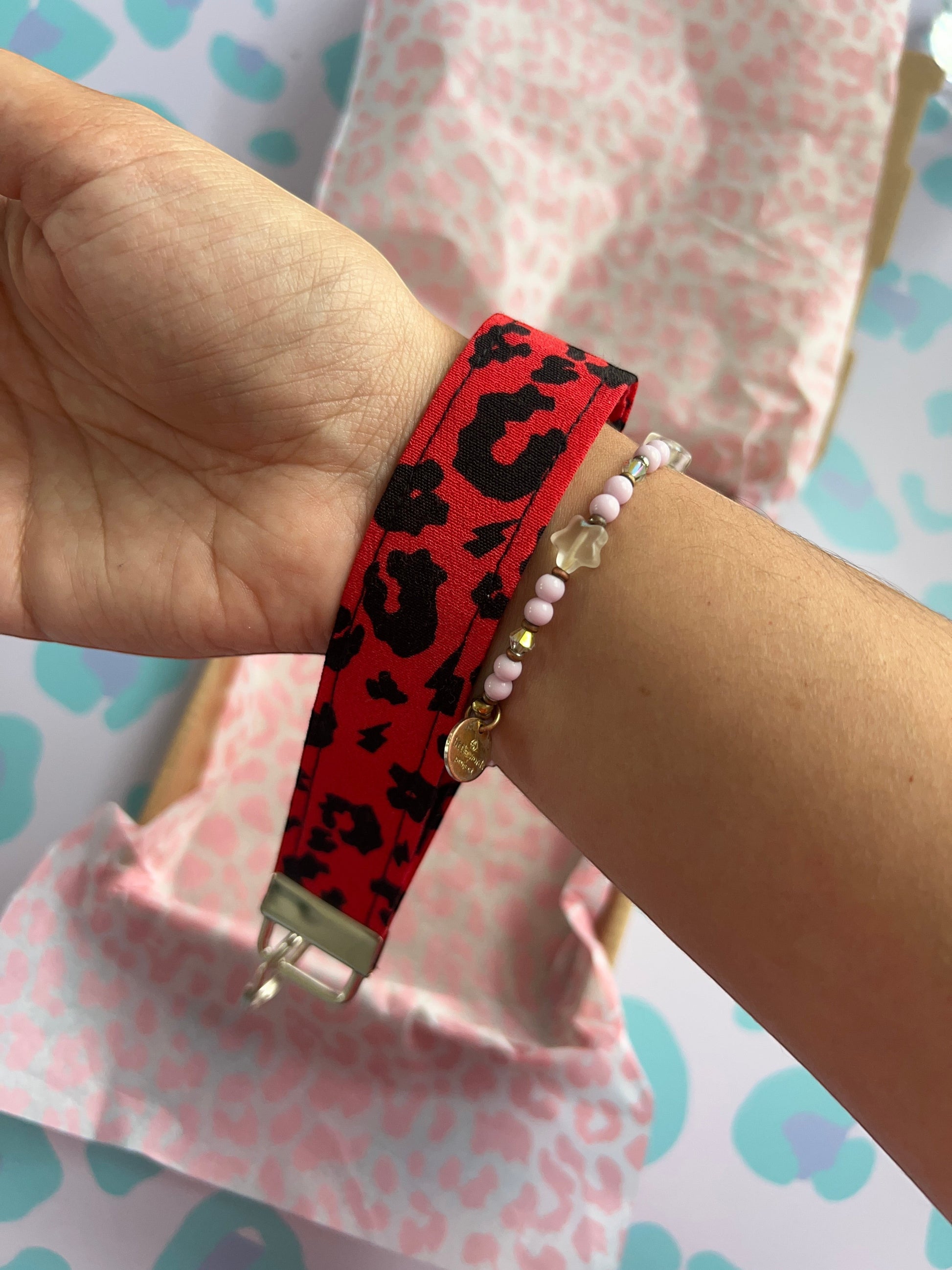 Sew Much Love red leopard print fabric wristlet keychain with silver hardware