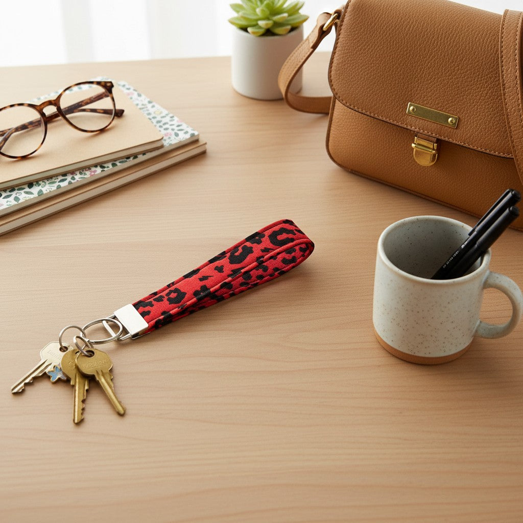 Sew Much Love red leopard print fabric wristlet keychain with silver hardware. Perfect for hands-free convenience.